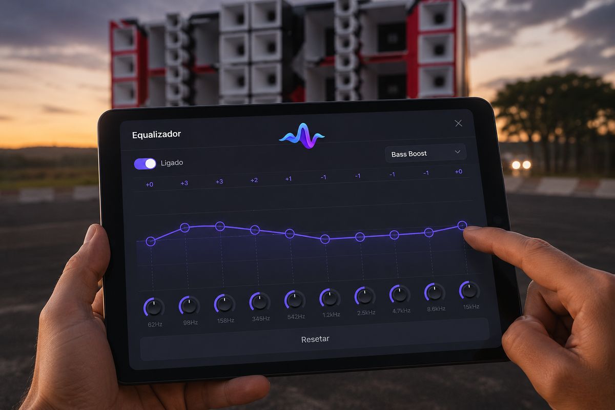 Equalizador do Freely aberto num tablet, com um paredão de som ao fundo
